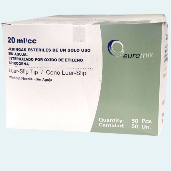 Jeringa descartable sin aguja de 20ml.